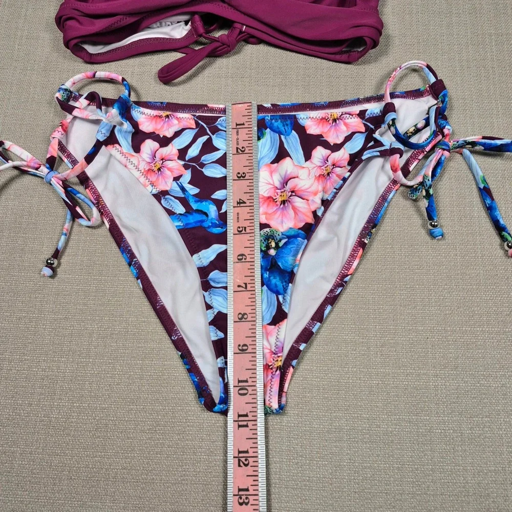Cupshe Womens Bikini Set Plum Purple Floral Wrap Lace Up Side Tie M ADL5024B NWT